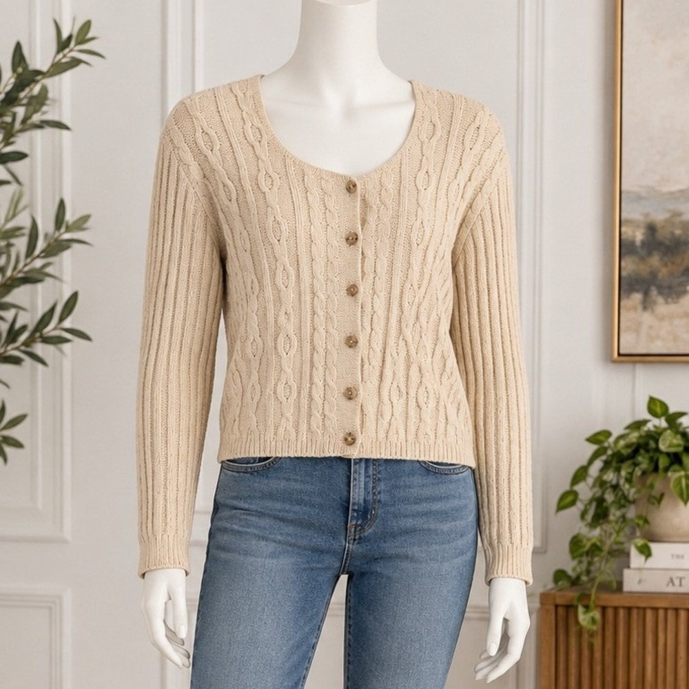 Expressions Womens Cardigan Vintage 90s Cable Knit Button Front Cream Medium